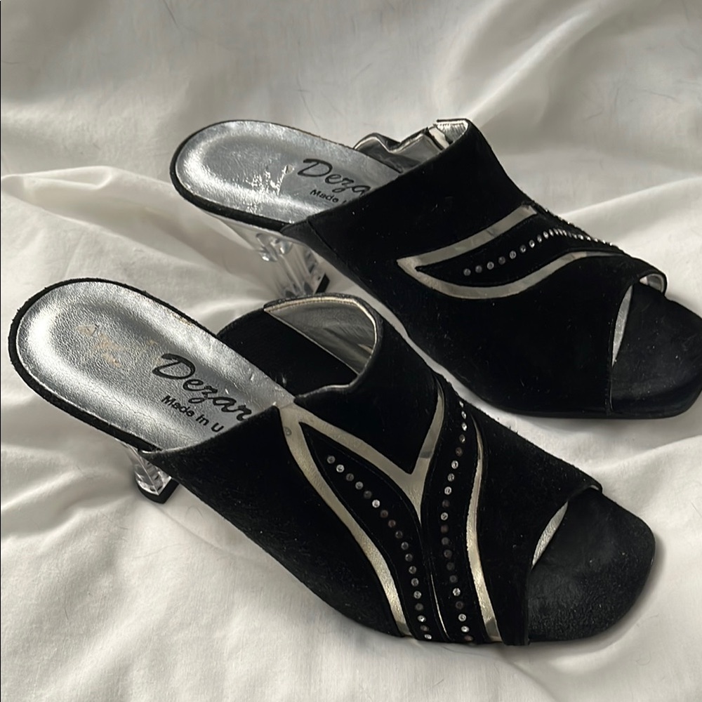 Black and Silver Slip-On Mules with Metallic Accents
